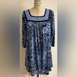 Michael Kors Navy Printed 3/4 Sleeve Square Neck Knit Dress Size M